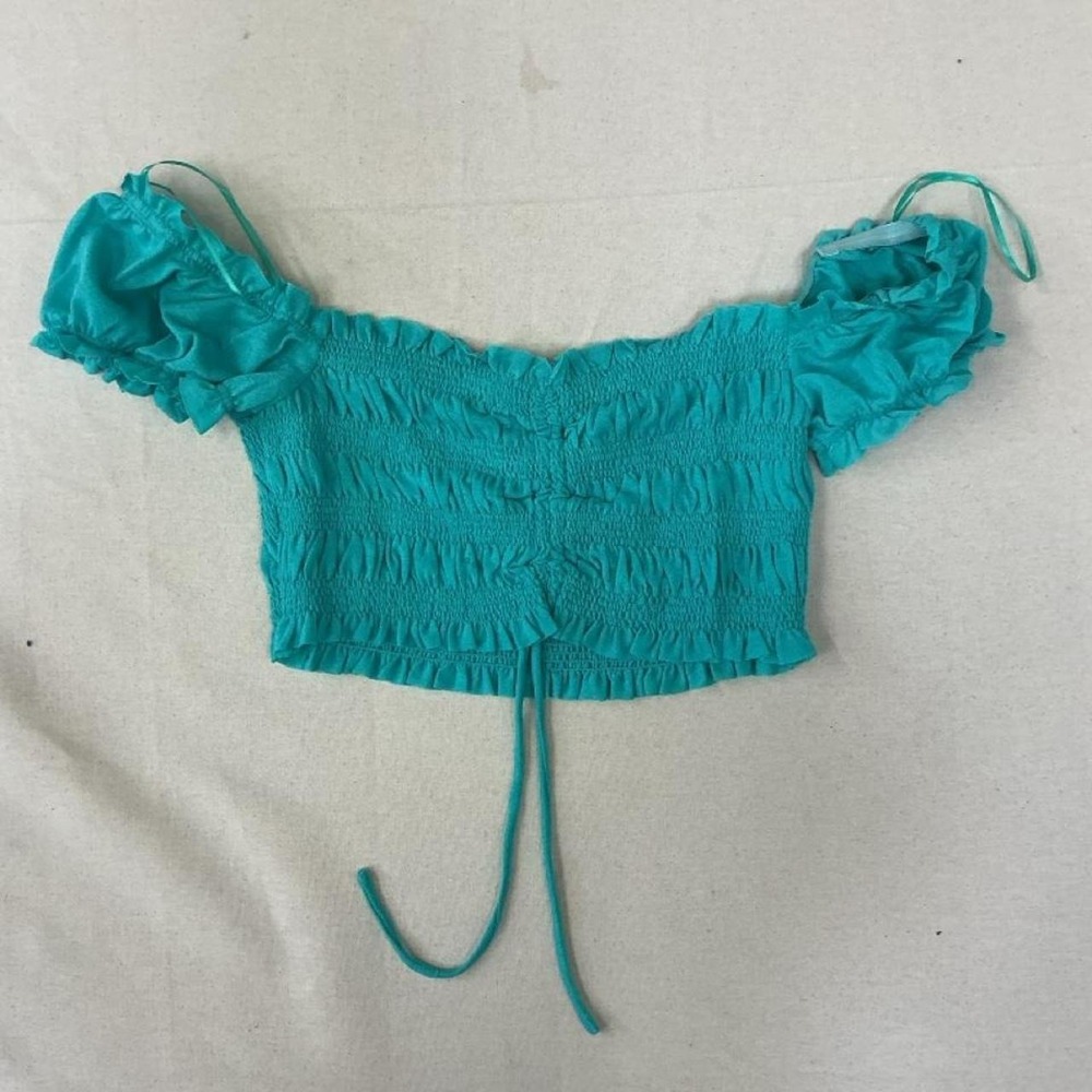 Teal smocked off-the-shoulder crop top